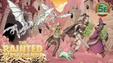 Five fantasy characters in a desert setting: a warrior with sword, a robed mage, a green-skinned creature, a cat, and a bearded explorer. Ruins and flying creatures in the background. Green badge reads "5E COMPATIBLE."