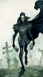 A tall, skeletal figure stands menacingly in a graveyard, wearing dark, tattered clothing and a hooded cloak. The character has a gaunt face with exaggerated features, including sharp cheekbones and a wide, sinister grin. In the background, weathered gravestones are partially obscured by mist, enhancing the eerie atmosphere of the scene.