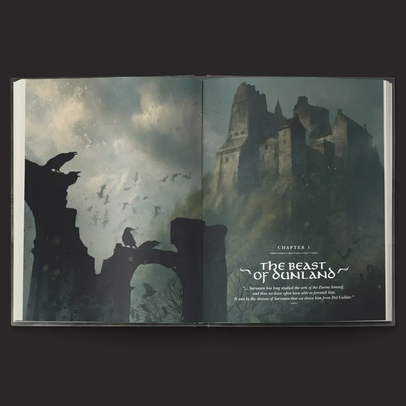 An open book displays a dark, atmospheric illustration featuring a foreboding castle set against a cloudy sky, with crows perched on crumbling stone ruins in the foreground. The text "CHAPTER 1 THE BEAST OF DUNLAND" is elegantly styled, indicating the beginning of a new adventure. The overall color palette is muted, with shades of gray and green, enhancing the mysterious and ominous tone of the scene.