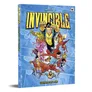 Cover of a tabletop roleplaying game rulebook titled "Invincible: Superhero Roleplaying." The cover features a dynamic scene with multiple stylized superhero characters in mid-action against a blue, cloud-filled sky background. The title "INVINCIBLE" is prominently displayed at the top in large, bold, yellow and red letters with a distressed effect.

In the foreground, a muscular male superhero in a yellow and blue costume with a black eye mask punches forward with a determined expression. Surrounding him are other superheroes and villains engaged in combat. One character in a pink and purple costume appears to be flying or falling, while another in a red and yellow costume with a star emblem on the chest is mid-leap. A large, red, humanoid figure with horns and a muscular build is also visible, as well as a smaller character with a rodent-like appearance.

At the top left, the publisher's name "FREE LEAGUE" is printed in white. The number "16+" is visible in the top right corner, indicating the recommended age. The words "Superhero Roleplaying" appear vertically along the left edge