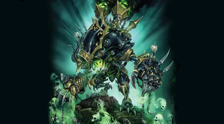 A towering 80mm warjack named Deathjack stands menacingly, adorned with spikes and skulls, embodying a dark and twisted aesthetic. Its body features a mix of black and metallic gold elements, with a glowing green core that hints at its soul-hungry nature. Surrounding the figure are ghostly green wisps and floating skulls, enhancing the eerie atmosphere of this formidable Cryx model.