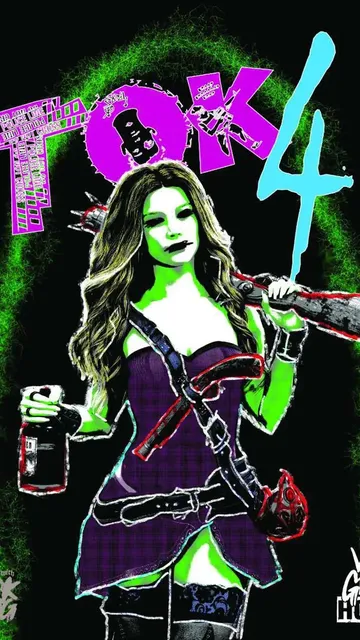 A stylized character with long hair, purple top, and green cybernetic arm holding a large gun. Background features glowing green text with "TOK 4" in large pink and cyan letters. Smaller text includes "Vast Grimm" and "Cybernetic." Character holds a can in left hand.