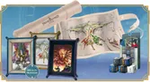 A rolled parchment labeled "Sword World" sits on a blue background. Three framed artworks display fantasy creatures: two green dragons in flight and one red dragon with glowing eyes. A sketch of a dragon in progress appears on paper. Text reads "ART IS IN PROGRESS."