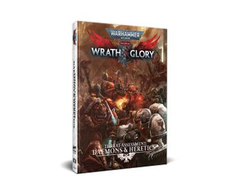 A physical edition of "Warhammer 40,000: Wrath & Glory, Threat Assessment: Daemons & Heretics" is displayed, featuring a striking cover illustration. The artwork depicts various Chaos forces, including armored figures and menacing creatures, set against a dark, chaotic background. The title is prominently featured at the top, with the subtitle "Threat Assessment: Daemons & Heretics" displayed at the bottom, emphasizing the book's focus on the forces of Chaos in the Warhammer 40,000 universe.