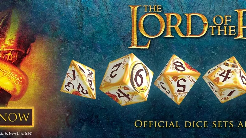 Golden dice with numbers 6, 8, 4, 20, and text "THE LORD OF THE RINGS OFFICIAL DICE SETS AND"