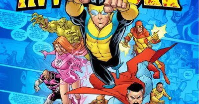 Superheroes in action with "INVINCIBLE" in bold yellow letters above.