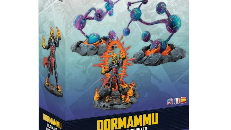 A box for the "Marvel: Crisis Protocol - Dormammu Ultimate Encounter" set features a striking illustration of Dormammu, depicted with fiery elements and a menacing stance, surrounded by swirling dimensional rifts. The packaging includes vibrant colors, with a dark background contrasting against the bright flames and mystical rifts. The title "DORMAMMU ULTIMATE ENCOUNTER" is prominently displayed at the bottom, indicating the contents of the set.