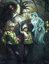 Two police officers in high-visibility jackets and white helmets stand in an underground setting with industrial pipes and machinery. One officer raises a hand, palm forward. Behind them, a translucent, glowing figure in a long green dress and wide-brimmed hat floats, emitting a faint blue-green light. The background is dark with metallic and stone textures.