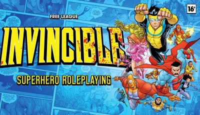 Large, bold, yellow and black splattered letters spelling "INVINCIBLE" dominate the top left. Below it, black text reads "HERO ROLEPLAYING" in a similar style. In the top left corner, smaller white text says "FREE LEAGUE."

On the right side, a group of stylized cartoon superheroes in colorful costumes are in mid-action. One blonde male in a yellow and blue suit appears to be flying or leaping forward with fists raised. A muscular male in an orange and blue suit with a smirk is also airborne. A female with pink hair in a purple and pink outfit is crouched, holding her hands out with energy effects. Another male in a green and purple outfit is in the background, mid-motion. Several speech bubbles contain text: one near the blonde male reads, "I KILLED YOU ONCE! I CAN DO IT AGAIN!!", another near the pink-haired female reads, "GOT HIM! GUYS THIS IS NO EXPERT!", and a third near the orange-suited male says, "HEY...HEY!" The background features a cityscape with