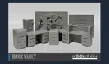 A detailed resin terrain kit depicting a bank vault scene, featuring a large vault door with a wheel mechanism at the center. Surrounding the vault are various pieces of furniture, including filing cabinets, desks, and a safe, all rendered in a gray color. The arrangement suggests a secure and organized space, ideal for tabletop gaming scenarios.