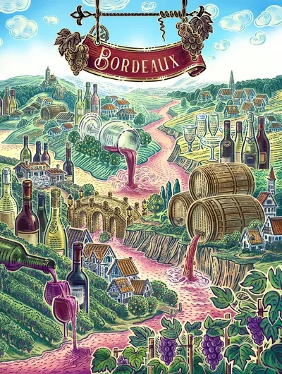 A vibrant, illustrated scene of the Bordeaux wine region. Rolling green vineyards stretch across the landscape, dotted with small houses and a stone aqueduct. A winding river flows through the center, with red wine pouring from bottles and barrels into the water. Multiple wine bottles, glasses, and wooden barrels are scattered throughout the scene. In the background, a village with houses and a church sits among the hills. A decorative banner at the top reads "Bordeaux," flanked by grape clusters.