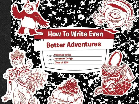 Composition notebook cover with red doodles, title "How To Write Even Better Adventures", and name/year fields.