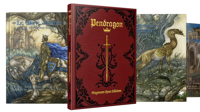 A rich red-and-gold leatherette book titled "Pendragon: Magnum Opus Edition" features ornate designs and a central sword motif, indicating its status as a special collector's edition. Next to it, "Pendragon: The Arthurian Companion - Special Edition" showcases a whimsical illustration of a creature with a leopard-like body and a long, serpentine tail, set against a forest backdrop. The titles are prominently displayed, highlighting their connection to the Pendragon roleplaying game and Arthurian lore.