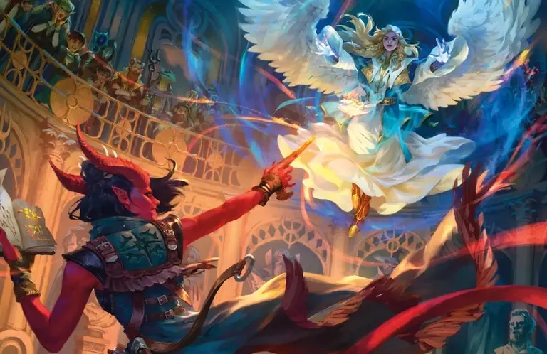 A red-skinned figure with horns, wearing green armor and a flowing cape, extends a hand toward a floating, winged female figure in a flowing white and blue robe, her long blonde hair streaming behind her. The female figure is surrounded by glowing blue and white energy. In the background, a grand, ornate interior with arched windows, columns, and statues is visible, bathed in warm light.