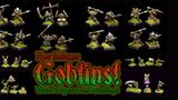 The image showcases a collection of dynamic goblin miniatures sculpted by Kev Adams, arranged on a dark background. There are 17 goblins prominently displayed, including a leader and a command group, all equipped with various weapons like spears and axes, along with 12 spearmen. Additionally, several runtlings are featured at the bottom, each with unique poses and expressions, highlighting their character and charm. The text "Kev Adams Goblins! Wave 2: Spears and Runtlings" is artistically integrated into the design, emphasizing the theme of the Kickstarter campaign.