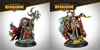 The image features two intricately designed miniatures from the Warmachine Khador Old Umbrey Auxiliary Expansion. On the left, a figure with a skeletal, branch-like appearance holds a staff, adorned with various textures and details. On the right, a witch, Olesea Reznikova, is depicted in a dynamic pose, wearing a mix of armor and flowing garments, with a serpent coiling around her arm and a dramatic backdrop of fur and foliage. Both miniatures are set against a light gradient background, emphasizing their detailed craftsmanship.