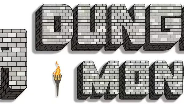 Bold, blocky text spells out "MEGA DUNGEON MONTH" in a stone brick style, evoking a dungeon-like atmosphere. A stylized torch with a flame is positioned to the right of the text, adding to the adventurous theme. The overall design is eye-catching and fits the tabletop gaming aesthetic, suggesting a focus on dungeon crawling and RPG content.