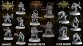 A collection of detailed miniatures is displayed, featuring characters from the "Iron Depths" Kickstarter campaign by Forged Path Miniatures. The top row showcases various gang members from the "Wardens Watch," equipped with weapons and distinctive gear, while the bottom row features "Flesh Hounds," characterized by their menacing, beast-like forms. The miniatures are presented in a grayscale finish, highlighting their intricate designs against a dark, industrial-themed background.