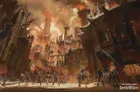 A group of armed warriors stands before a burning, spiked city under a fiery sky.