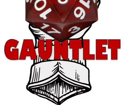 A red twenty-sided die (d20) is prominently held in a fist, symbolizing gaming and adventure. Below the die, the word "GAUNTLET" is displayed in bold red letters. The background features a stylized illustration of a hand wearing a sleeve, emphasizing the theme of tabletop gaming.