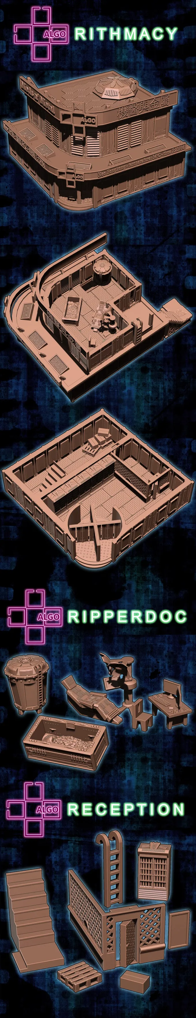 Two-tier cyberpunk building with roof access and interior details.