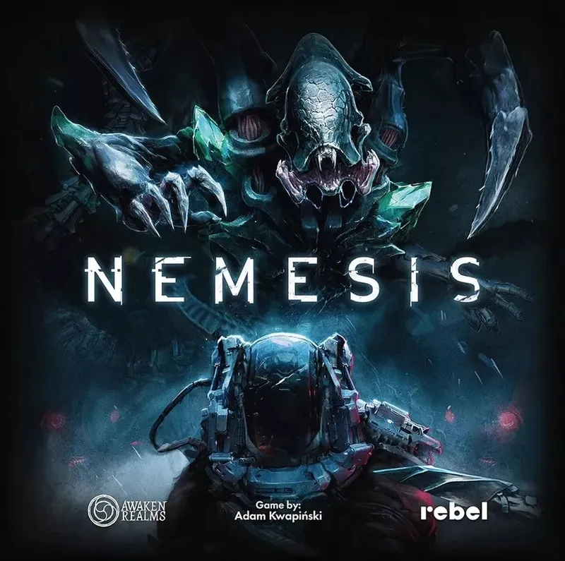 A dark, moody illustration featuring two fantastical creatures locked in combat. At the top, a large, reptilian creature with greenish, armored skin, sharp teeth, and glowing red eyes roars while extending bat-like wings. Below it, a mechanical or cybernetic creature with a domed helmet, exposed gears, and a mix of metallic and organic parts crouches, holding a weapon or tool in one clawed hand. The word "NEMESIS" is displayed in large, bold, white capital letters between them. At the bottom left, the logo for "Awaken Realms" appears, and at the bottom right, the "rebel" logo is visible. Below the central image, the text reads: "Game by: Adam Kwapiński." The background is filled with mist and debris.