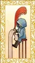 A person in a blue hooded cloak and hat sits slumped on a wooden stool, head resting on a closed book with a red feather quill protruding from its spine. Gold decorative border frames the scene.