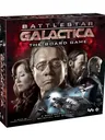 Board game box for Battlestar Galactica: The Board Game. Features four characters: a man with glasses and serious expression in the center, a woman with short hair to his left, a bearded man in uniform to his right, and a young woman in uniform behind.