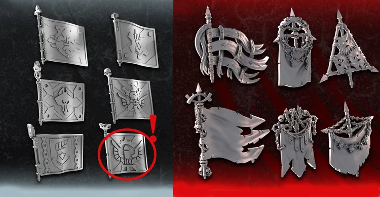 A collection of various flags and banners designed for sci-fi miniatures, displayed on a dark background. The left side features several flags with intricate designs, including skulls and symbols, while the right side showcases more elaborate banners with flowing elements and a prominent central emblem. One specific flag is highlighted with a red circle, drawing attention to its unique design.