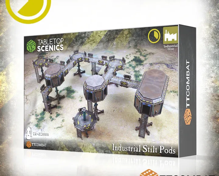 A box for the "Industrial Stilt Pods" set from TTCombat features a detailed illustration of modular pods, stilts, and walkways arranged in an elevated complex. The design includes one large pod and two smaller pods connected by five walkways and six platforms, all set against a textured ground. The packaging prominently displays the TTCombat logo and the "Industrial Hive" branding.