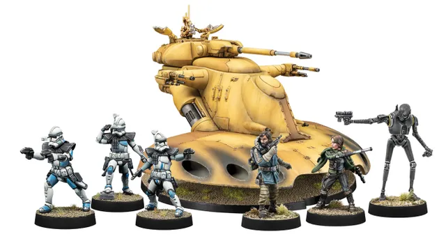 Four Advanced Recon Commandos (ARC troopers) in white and blue armor stand in the foreground, each holding weapons in various poses. Behind them is a large, yellow AAT Trade Federation Battle Tank, featuring multiple weaponry and a detailed design. To the right, a character resembling Cassian Andor is depicted, adding to the scene's dynamic representation of the Star Wars universe.