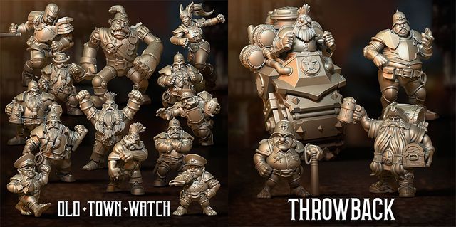 A collection of fantasy football miniatures features a squad from the Old Watch Town team, including three police dwarves, a dwarf blitzer, and two police halflings. A wooden golem and two star players, Klarice and the Judge, are also present. On the right, a selection of Throwback models showcases previous releases, highlighting the diverse range of characters in this expansion.