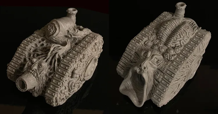 A pair of intricately designed demonic tanks, sculpted in a pale material, showcase a grotesque aesthetic with various orifices, boils, and eyeballs adorning their surfaces. One tank features a prominent, gaping mouth at the front, while the other has a twisted, organic form with tendrils and textures that evoke a visceral, chaotic feel. Both vehicles are set against a dark background, emphasizing their unsettling details and unique design suitable for a Chaos army.