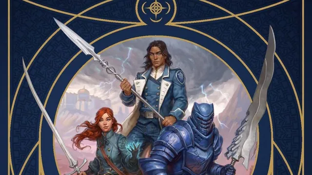 Three characters stand in a stormy, mountainous landscape under a dark, cloud-filled sky with lightning striking in the distance.

The central figure, a man with long dark hair, wears a blue uniform with a badge on the left side of his chest and holds a sword raised in his right hand. He has a determined expression.

To his left, a woman with long red hair, dressed in a green coat and blue trousers, holds a sword in her right hand and a dagger in her left. She appears to be mid-motion, her hair and coat flowing.

To the right of the man, a figure clad in full blue plate armor with a helmet that obscures their face kneels on one knee, holding a sword upright in front of them with both hands.

In the foreground at the bottom of the image, large gold text reads: "STORMLIGHT HANDBOOK". Below this, smaller text reads: "Tabletop Roleplaying in the World of Brandon Sanderson’s The Stormlight Archive". A hexagonal emblem with a stylized symbol is centered beneath the characters. The background features a dark blue diamond pattern.