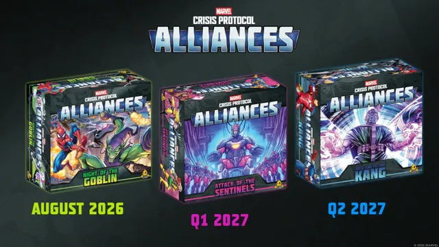 Three game boxes from the Marvel: Crisis Protocol Alliances series are displayed. On the left, the "Night of the Goblin" box features vibrant artwork of the Green Goblin and his minions, with a release date of August 2026. The center box, "Attack of the Sentinels," showcases a Sentinel character and is set for release in the first quarter of 2027. On the right, "The Once and Future Kang" box highlights Kang the Conqueror, scheduled for the second quarter of 2027. The overall design emphasizes the cooperative nature of the games, with the title "ALLIANCES" prominently featured at the top.