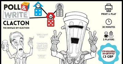 A robot with a blender for a head making peace signs, with dice and text "BRILLIANT IDEA", "SMOOTH, LEAN AND THEMATIC", "GREAT".
