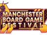 A vibrant logo for the Manchester Board Game Festival features a stylized bee holding a red dice, set against a geometric background of yellow and maroon. The text "MANCHESTER BOARD GAME FESTIVAL" is prominently displayed in bold, white letters, with a dynamic design that includes hexagonal shapes and lines. The overall aesthetic conveys a fun and energetic atmosphere, suitable for a board game event.