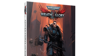 A physical book titled "Adventures in Gilead" for Warhammer 40,000 Roleplay: Wrath & Glory is prominently displayed, featuring a striking cover illustration. The cover depicts a heavily armored character wielding a large hammer, standing in a dark, ominous environment filled with shadowy figures and gothic architecture. The title and logo are clearly visible at the top, with the subtitle "Adventures in Gilead" featured prominently at the bottom.