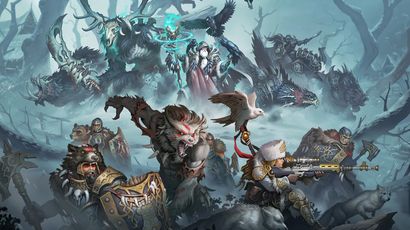 A dynamic scene features a variety of characters and creatures from the Old Umbrey Command Starter and Battlegroup Box. In the foreground, a fierce, wolf-like warbeast with red markings stands alongside a soldier aiming a rifle, while a small bird perches nearby. In the background, a witch in flowing robes commands a spectral figure, flanked by various warbeasts and warriors, all set against a misty, eerie landscape filled with twisted trees and shadowy figures.