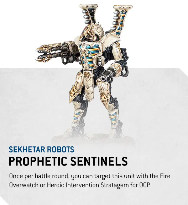 A Sekhetar Robot stands prominently, showcasing a sleek, mechanical design with intricate details and a color palette of cream and blue. It features a large weapon mounted on one arm, resembling a heavy flamer, while the other arm is equipped with a claw-like appendage. The robot's head is adorned with two tall, cylindrical structures, adding to its imposing presence as a formidable combat unit.