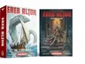 Two books titled "Ereb Altor" are displayed side by side. On the left, "The Copper Sea" features an illustration of a large sea serpent alongside a sailing ship, with waves crashing around them. On the right, the "Ereb Altor Setting Guide" showcases a dramatic scene of a knight in armor confronting skeletal figures, with a stained glass window depicting a saint in the background. Both covers prominently feature the title "Ereb Altor" in bold red letters.