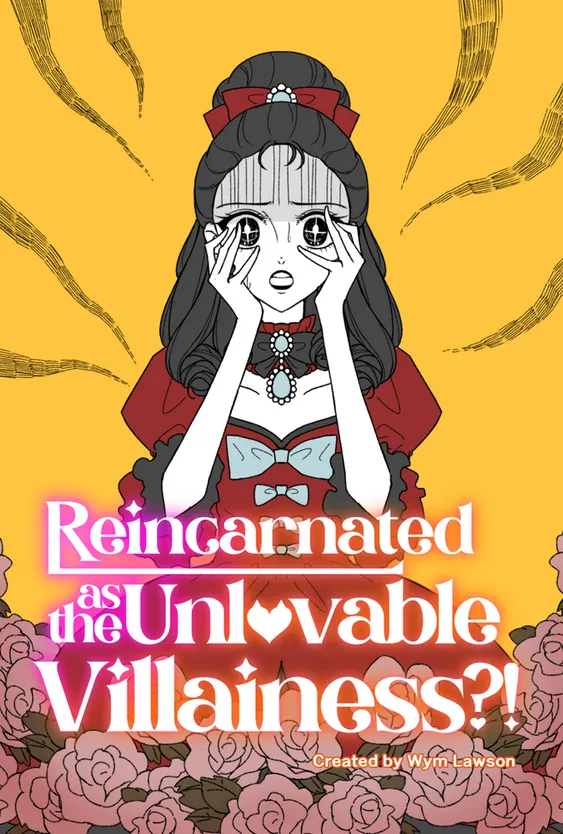 Cover for the Solo TTRPG: Reincarnated as the Unlovable Villainess?! A manga style of art of a young woman with long dark hair pulled back and wearing a red dress, looking worried, with beads of sweat and a slightly bleeding cut on her neck