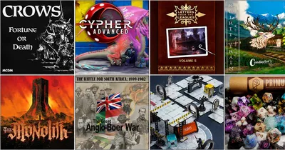 Four tabletop game covers: Cypher Advanced, Letters from the Leagues Volume 5, The Battle for South Africa, and a sci-fi board.