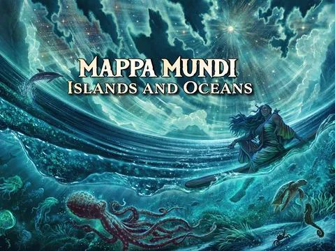 A fantasy underwater scene with glowing blue water, a large red octopus, and a mermaid-like figure with long hair and a flowing green dress. Text reads: "Mappa Mundi Islands and Oceans."
