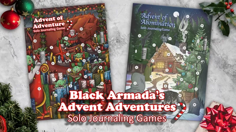 Two advent calendar-style solo journaling game covers with festive and spooky themes.