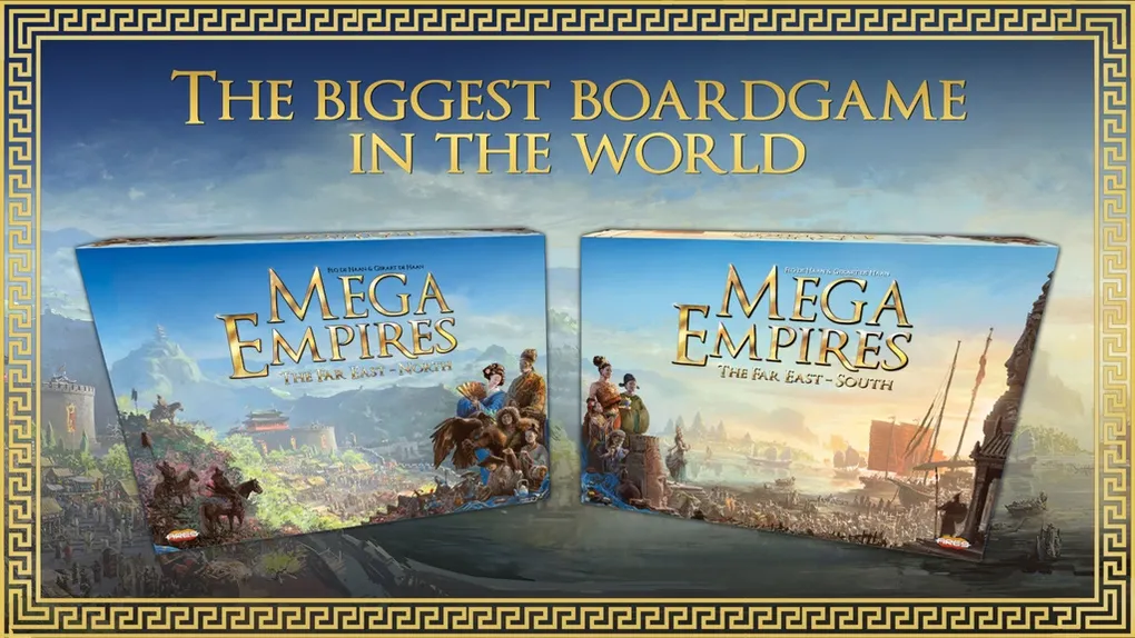 Two game boxes for "Mega Empires: The Far East - North" and "Mega Empires: The Far East - South" are displayed prominently against a scenic backdrop featuring landscapes and structures reminiscent of East Asia. The text "THE BIGGEST BOARDGAME IN THE WORLD" is boldly featured above the boxes, emphasizing the scale of the game. The overall design incorporates a decorative border, enhancing the visual appeal of the presentation.