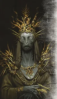 Gray-skinned figure with large eyes, wearing an ornate golden crown and necklace.