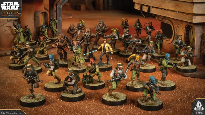 A diverse group of miniature figures from the Rebel Alliance in Star Wars Legion is displayed, featuring various characters including scouts, Wookiees, and Luke Skywalker. The figures are intricately painted and stand on circular bases, set against a textured, sandy terrain. The background includes hints of a sci-fi environment, enhancing the thematic setting of the scene.