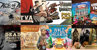 Collage of six board game covers: VA Strategy Game, Vermin of the Undercity, Anserai, Wild Heart, Hunt Cook Build, and a painted miniature.