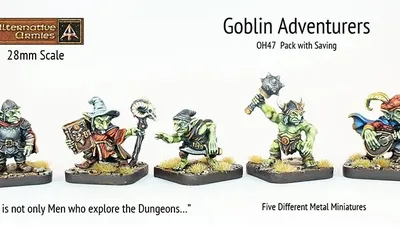 A set of five 28mm scale metal miniatures titled "Goblin Adventurers" features a diverse group of goblins ready for adventure. The characters include a Paladin wielding a shield and sword, a Wizard with a staff, a Thief holding a dagger, a Barbarian with an axe, and a Bard strumming a lute, all displayed on a grassy base. The text highlights that "It is not only Men who explore the Dungeons..." emphasizing the unique theme of this miniature range.